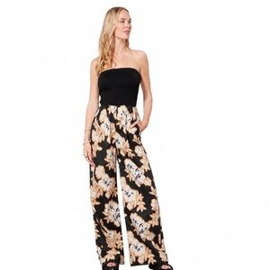 EVEREVE Miley Strapless Jumpsuit Black Floral Wide Leg S Resortwear Vacation